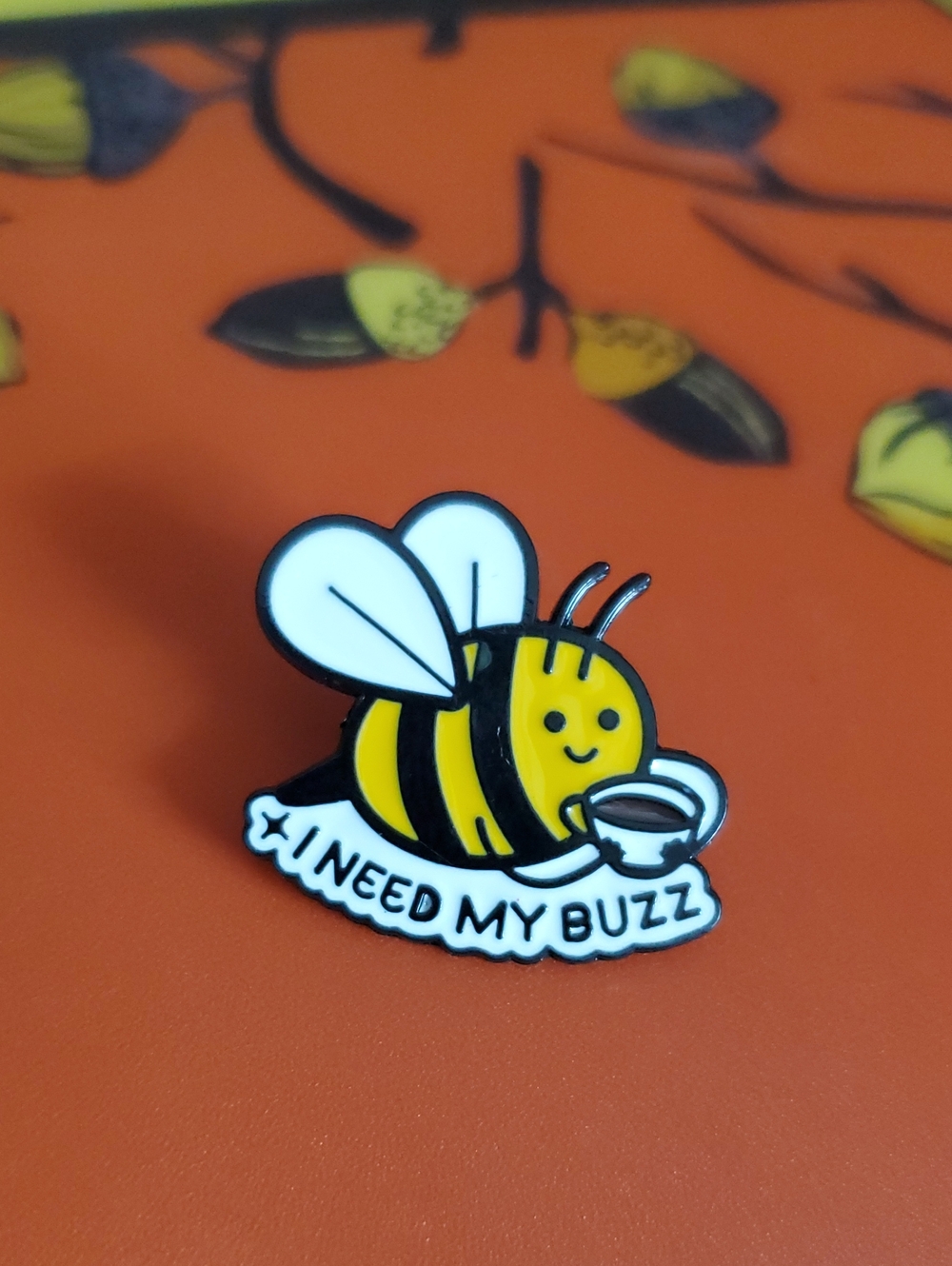 Cute Coffee Bee Enamel Pin - "I Need My Buzz"